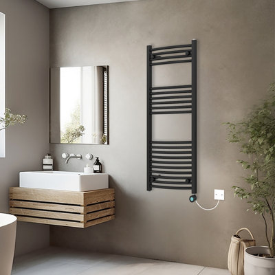 Rinse Bathrooms Curved Black Electric Thermostatic Bathroom Towel Radiator with Timer Prefilled - 1200x500mm 600W