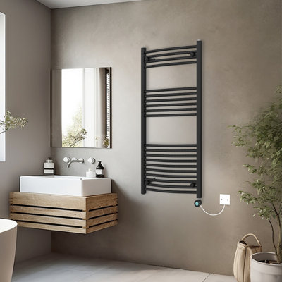 Rinse Bathrooms Curved Black Electric Thermostatic Bathroom Towel Radiator with Timer Prefilled - 1200x600mm 600W