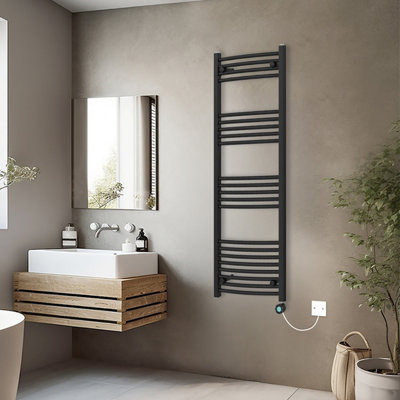 Rinse Bathrooms Curved Black Electric Thermostatic Bathroom Towel Radiator with Timer Prefilled - 1400x500mm 800W