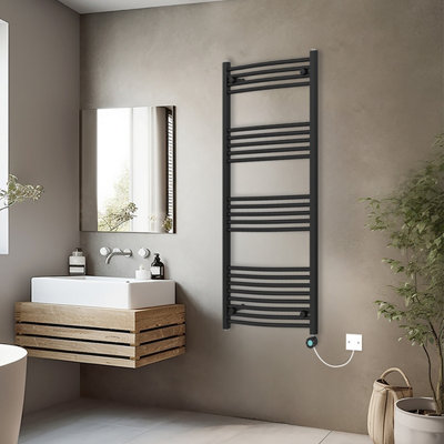 Rinse Bathrooms Curved Black Electric Thermostatic Bathroom Towel Radiator with Timer Prefilled - 1400x600mm 800W