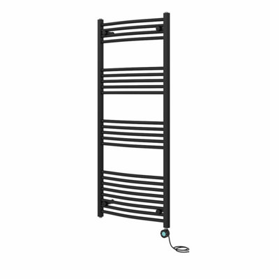 Rinse Bathrooms Curved Black Electric Thermostatic Bathroom Towel Radiator with Timer Prefilled - 1400x600mm 800W