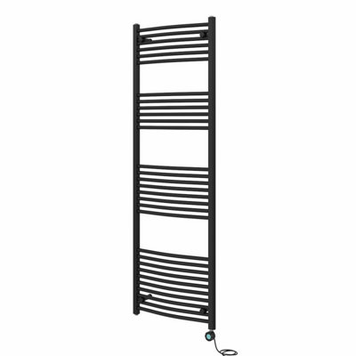 Rinse Bathrooms Curved Black Electric Thermostatic Bathroom Towel Radiator with Timer Prefilled - 1800x600mm 800W
