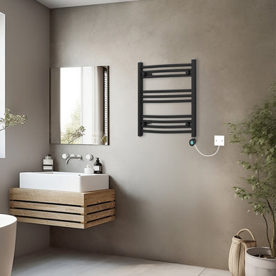 Rinse Bathrooms Curved Black Electric Thermostatic Bathroom Towel Radiator with Timer Prefilled - 600x600mm 400W