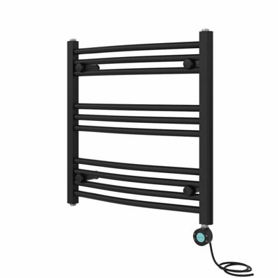 Rinse Bathrooms Curved Black Electric Thermostatic Bathroom Towel Radiator with Timer Prefilled - 600x600mm 400W