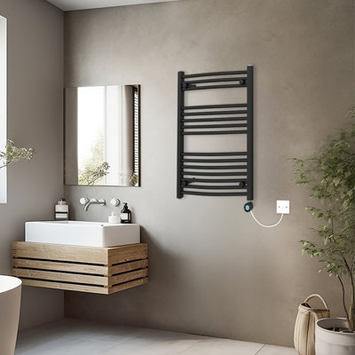 Rinse Bathrooms Curved Black Electric Thermostatic Bathroom Towel Radiator with Timer Prefilled - 800x600mm 400W