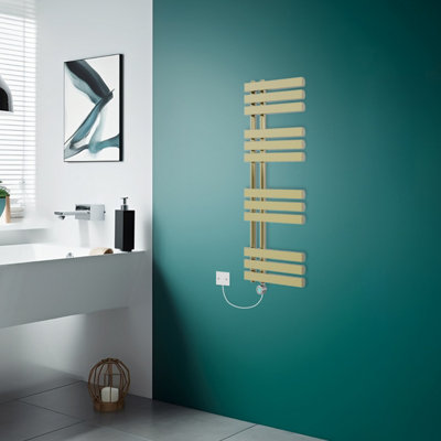 Rinse Bathrooms Designer Electric Thermostatic Heated Towel Rail D Shape Bathroom Radiator Warmer 1200x450mm Brushed Brass