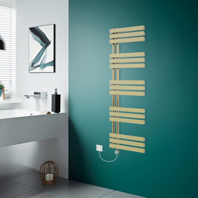 Rinse Bathrooms Designer Electric Thermostatic Heated Towel Rail D Shape Bathroom Radiator Warmer 1600x600mm Brushed Brass