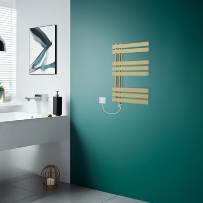 Rinse Bathrooms Designer Electric Thermostatic Heated Towel Rail D Shape Bathroom Radiator Warmer 800x600mm Brushed Brass