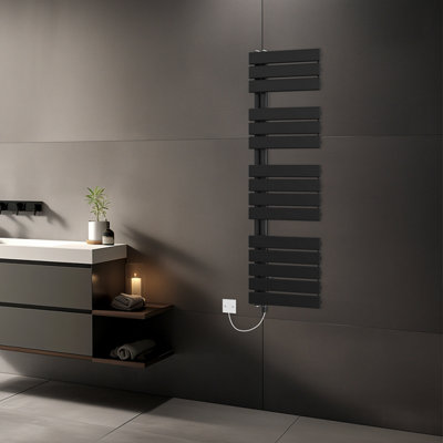 Rinse Bathrooms Designer Flat Panel Electric Heated Towel Rail Radiator Bathroom Ladder Radiators Prefilled Black 1380x500mm Price Comparisons | Compare The Build