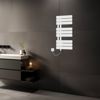 Rinse Bathrooms Designer Flat Panel Electric Heated Towel Rail Radiator Bathroom Ladder Radiators Prefilled White 824x500mm Price Comparisons | Compare The Build