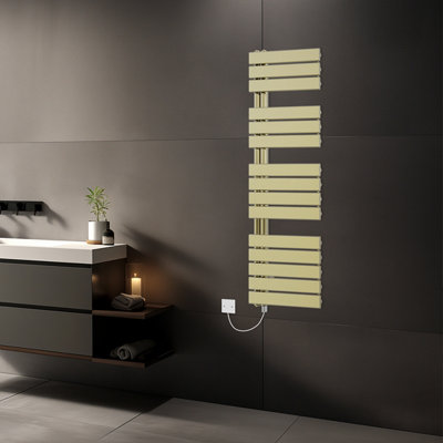 Rinse Bathrooms Designer Flat Panel Electric Heated Towel Rail Radiator Bathroom Prefilled Brushed Brass 1380x500mm