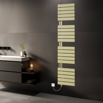 Rinse Bathrooms Designer Flat Panel Electric Heated Towel Rail Radiator Bathroom Prefilled Brushed Brass 1800x500mm