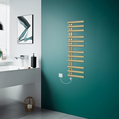 Rinse Bathrooms Designer Oval Panel 1200x450mm 600W Electric Thermostatic Heated Towel Rail Radiator Brushed Brass