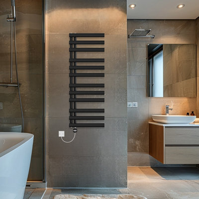 Rinse Bathrooms Designer Oval Panel Touch Screen Thermostatic Electric Bathroom Heated Towel Rail with Timer 1200x450mm - Black Price Comparisons | Compare The Build