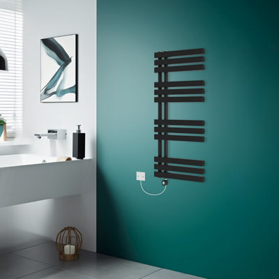 Rinse Bathrooms Designer WiFi Thermostatic Electric Bathroom Heated Towel Rail Radiator with Timer D Shape Tube 1200x600mm Black Price Comparisons | Compare The Build