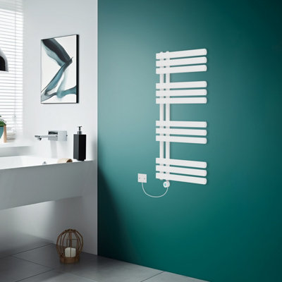 Rinse Bathrooms Designer WiFi Thermostatic Electric Bathroom Heated Towel Rail Radiator with Timer D Shape Tube 1200x600mm White