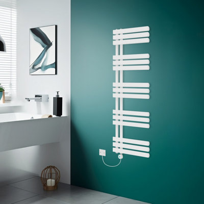 Rinse Bathrooms Designer WiFi Thermostatic Electric Bathroom Heated Towel Rail Radiator with Timer D Shape Tube 1600x600mm White