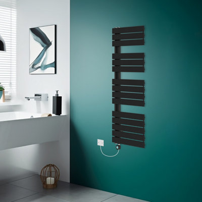 Rinse Bathrooms Designer WiFi Thermostatic Electric Bathroom Heated Towel Rail Radiator with Timer Flat Panel 1380x500mm Black