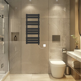 Rinse Bathrooms Electric Flat Panel Heated Towel Rail Black Bathroom Ladder Radiator Warmer 1000x450mm 600W