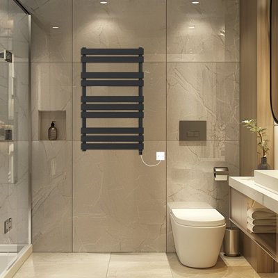 Rinse Bathrooms Electric Flat Panel Heated Towel Rail Black Bathroom Ladder Radiator Warmer 1000x600mm 600W