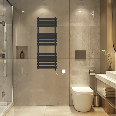 Rinse Bathrooms Electric Flat Panel Heated Towel Rail Black Bathroom Ladder Radiator Warmer 1200x450mm 600W