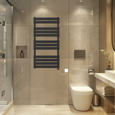 Rinse Bathrooms Electric Flat Panel Heated Towel Rail Black Bathroom Ladder Radiator Warmer 1200x600mm 600W