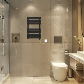 Rinse Bathrooms Electric Flat Panel Heated Towel Rail Black Bathroom Ladder Radiator Warmer 650x400mm 400W