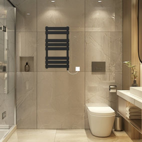 Rinse Bathrooms Electric Flat Panel Heated Towel Rail Black Bathroom Ladder Radiator Warmer 800x450mm 400W