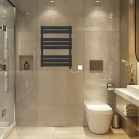 Rinse Bathrooms Electric Flat Panel Heated Towel Rail Black Bathroom Ladder Radiator Warmer 800x600mm 400W