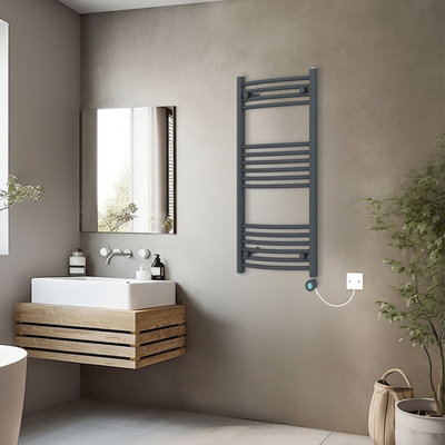 Rinse Bathrooms Electric Heated Towel Rail Curved Anthracite Thermostatic Bathroom Towel Radiator with Timer - 1000x500mm 600W