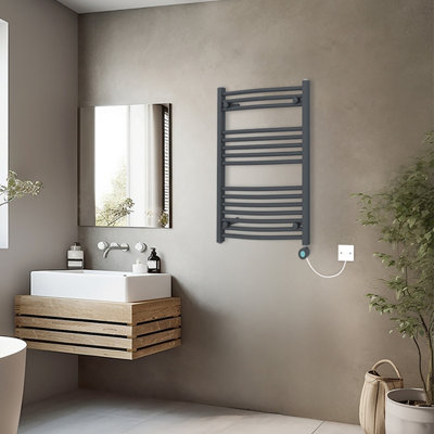 Rinse Bathrooms Electric Heated Towel Rail Curved Anthracite Thermostatic Bathroom Towel Radiator with Timer - 800x600mm 400W