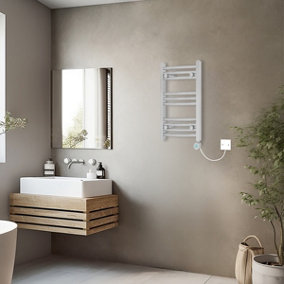 Rinse Bathrooms Electric Heated Towel Rail Curved Chrome Thermostatic Bathroom Towel Radiator with Timer - 600x400mm