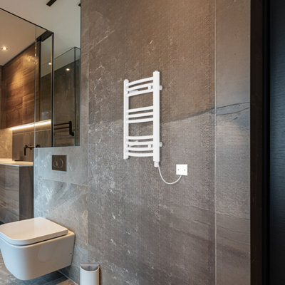 Rinse Bathrooms Electric Heated Towel Rail Curved White Bathroom Towel Radiator 600x500mm - 400W