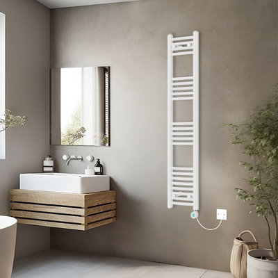 Rinse Bathrooms Electric Heated Towel Rail Curved White Thermostatic Bathroom Towel Radiator with Timer - 1400x300mm 800W