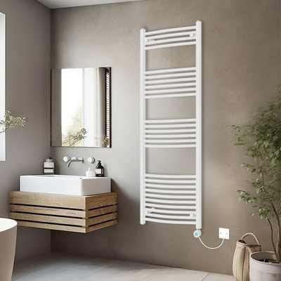Rinse Bathrooms Electric Heated Towel Rail Curved White Thermostatic Bathroom Towel Radiator with Timer - 1600x600mm 800W