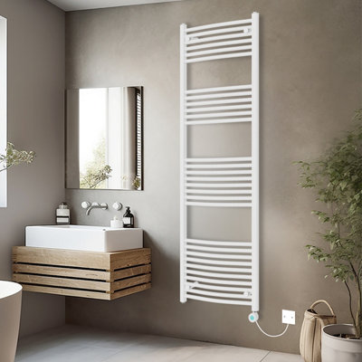 Rinse Bathrooms Electric Heated Towel Rail Curved White Thermostatic Bathroom Towel Radiator with Timer - 1800x600mm 800W