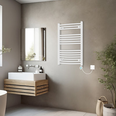 Rinse Bathrooms Electric Heated Towel Rail Curved White Thermostatic Bathroom Towel Radiator with Timer - 800x600mm 400W