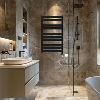 Rinse Bathrooms Flat Panel Electric Heated Towel Rail Touch Screen Timer Bathroom Radiator Prefilled Black 1000x600mm 600W