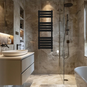 Rinse Bathrooms Flat Panel Electric Heated Towel Rail Touch Screen Timer Bathroom Radiator Prefilled Black 1200x450mm 600W