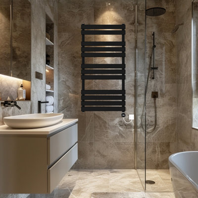 Rinse Bathrooms Flat Panel Electric Heated Towel Rail Touch Screen Timer Bathroom Radiator Prefilled Black 1200x600mm 600W