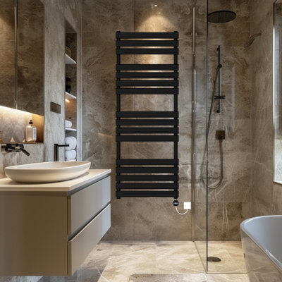 Rinse Bathrooms Flat Panel Electric Heated Towel Rail Touch Screen Timer Bathroom Radiator Prefilled Black 1600x600mm 800W