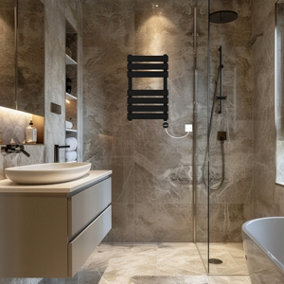 Rinse Bathrooms Flat Panel Electric Heated Towel Rail Touch Screen Timer Bathroom Radiator Prefilled Black 650x400mm 400W