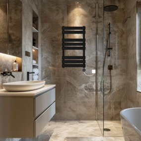 Rinse Bathrooms Flat Panel Electric Heated Towel Rail Touch Screen Timer Bathroom Radiator Prefilled Black 800x450mm 400W