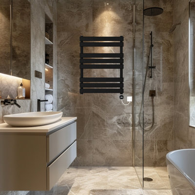 Rinse Bathrooms Flat Panel Electric Heated Towel Rail Touch Screen Timer Bathroom Radiator Prefilled Black 800x600mm 400W