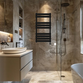 Rinse Bathrooms Flat Panel Electric Heated Towel Rail Touch Screen Timer Bathroom Radiator Prefilled Black 950x500mm 400W