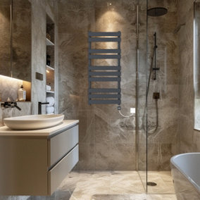 Rinse Bathrooms Flat Panel Electric Heated Towel Rail Touch Screen Timer Bathroom Radiator Prefilled sand grey 1000x450mm 600W