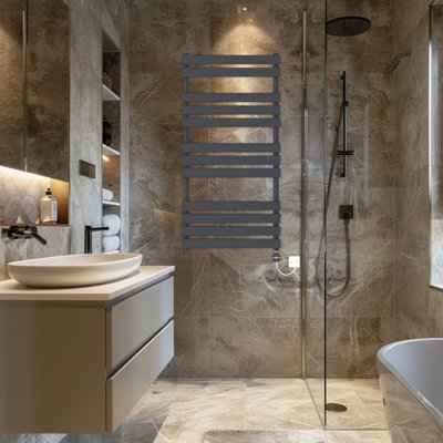 Rinse Bathrooms Flat Panel Electric Heated Towel Rail Touch Screen Timer Bathroom Radiator Prefilled Sand Grey 1200x600mm 600W