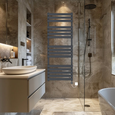 Rinse Bathrooms Flat Panel Electric Heated Towel Rail Touch Screen Timer Bathroom Radiator Prefilled Sand Grey 1600x600mm 800W