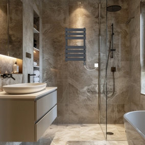 Rinse Bathrooms Flat Panel Electric Heated Towel Rail Touch Screen Timer Bathroom Radiator Prefilled Sand Grey 650x400mm 400W
