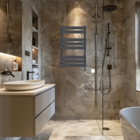 Rinse Bathrooms Flat Panel Electric Heated Towel Rail Touch Screen Timer Bathroom Radiator Prefilled Sand Grey 800x500mm 400W